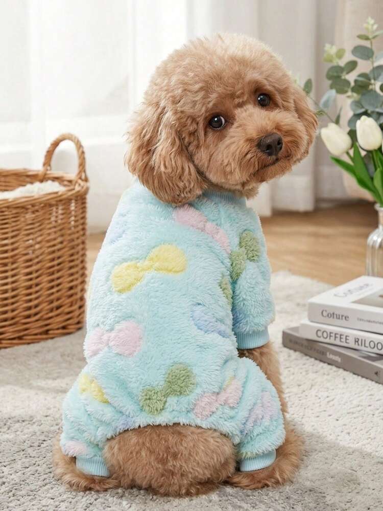 PETSIN 1件裝保暖刷毛寵物狗/貓連身衣 蝴蝶結與爪印圖案，藍色，適合狗與貓 - 彩色 - 查看 1