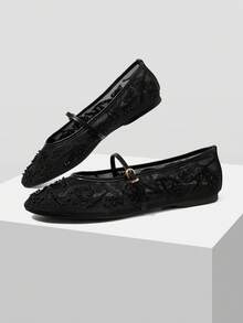 MOTF LADIES ELEGANT LACE EMBROIDERED FAUX PEARL DECORATIVE FLATS, COMFORTABLE AND BREATHABLE ADJUSTABLE BUCKLE STRAPS, DAILY VERSATILE SHOES - Black - View 3