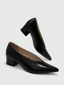 CUCCOO BIZCHIC Women's Black Pointed Toe Patent Leather Chunky Heel Pumps Daily Office Fall Shoes - Black - View 5