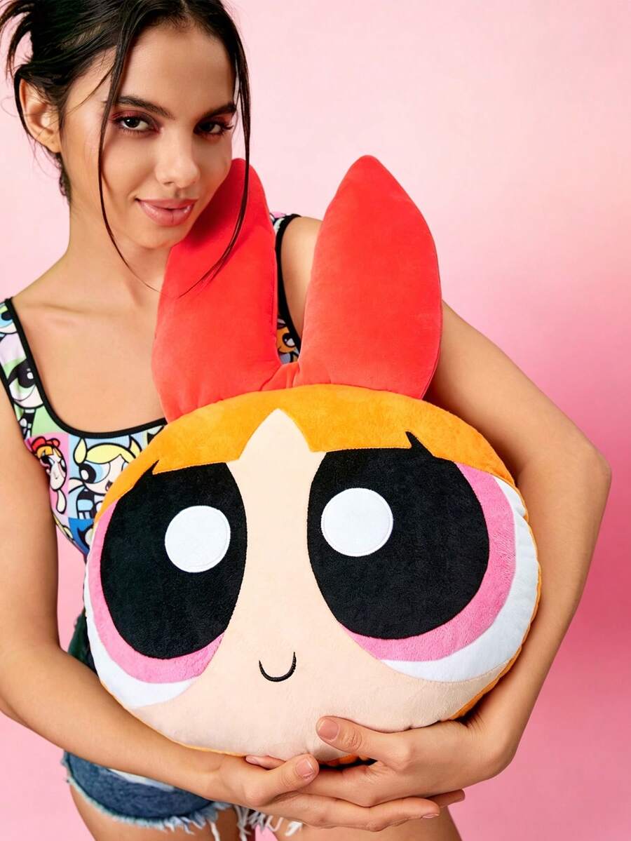 THE POWERPUFF GIRLS X SHEIN 红色毛绒女孩造型抱枕,靠垫,情人节,Y2K - 紅色 - 查看 1