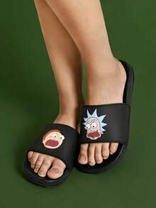 Rick and Morty X SHEIN 时尚卡通图案男士一脚蹬拖鞋防滑速干淋浴拖鞋，轻便耐用的 EVA 材质，男女通用，适用于居家、浴室、游乐场、游泳池、海滩室内外 - 黑色 - 查看 1