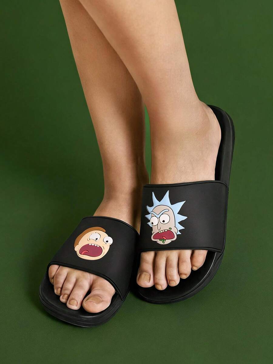 Rick and Morty X SHEIN 时尚卡通图案男士一脚蹬拖鞋防滑速干淋浴拖鞋,轻便耐用的 EVA 材质,男女通用,适用于居家、浴室、游乐场、游泳池、海滩室内外 - 黑色 - 查看 1