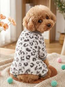 PETSIN 1pc Pet Cat Dog Universal Leopard Print Fashionable Autumn And Winter Plush Warm And Comfortable Round Neck Dog Jumpsuit - Multicolor - View 2