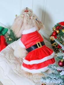 PETSIN Santa - Style Pet Christmas Dress With Plush Trim And Golden Buckle Belt - Red - View 6