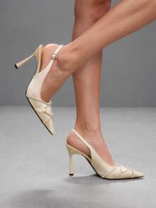 CUCCOO SZL Ladies Champagne Satin Pointed Back Empty Trip Strap High Heels Crossed Crystal Rhinestone Front Strap Fine Metal Buckle Fine High Heel Sandals Elegan - Champagne - View 6