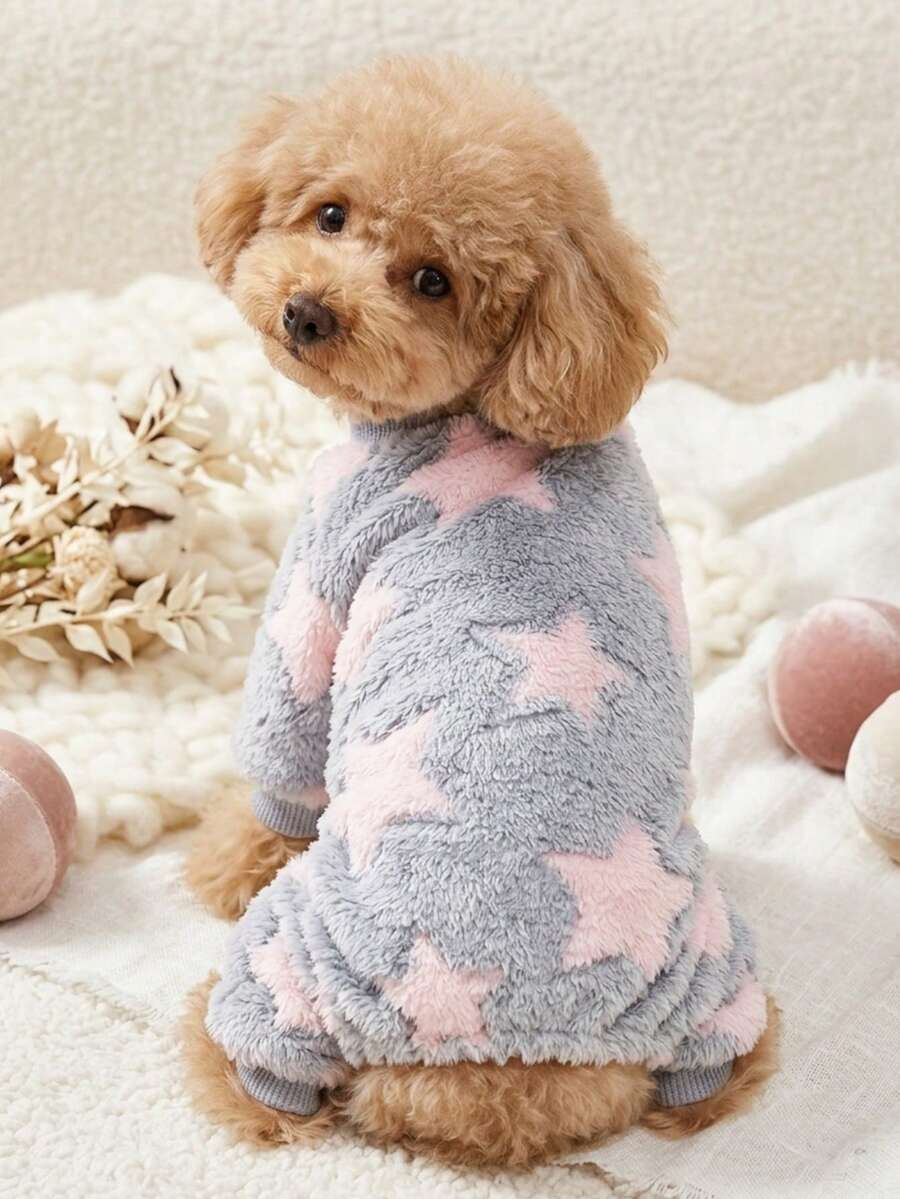 PETSIN 1pc Pink Pentagram Printed Pet Jumpsuit Gray Autumn And Winter Plush Warm And Comfortable Pet Warm Clothes - Multicolor - View 1