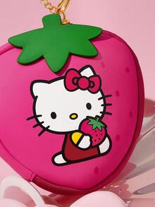 HELLO KITTY AND FRIENDS | SHEIN Cartoon Cat Strawberry Shaped Coin Purse With Fixed Keychain Chain, Small Wallet For Coins, Earbuds & Tiny Accessories, Designed To Hang On Handbags - Rose Red - View 3