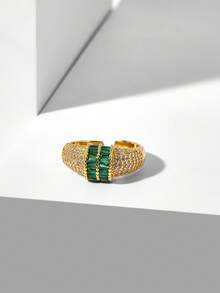 MOTF PREMIUM Vintage Wide-Sided Double-Row Ladder Square Emerald Dense Inlaid Diamond Ring - Gold - White Green Diamond - View 4