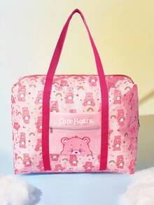 SHEIN X Care Bears 卡通熊可折疊旅行托特包，大容量聚酯纖維手提包，附行李箱套筒，可折疊設計，適合旅行、商務攜帶衣物與日常用品 - 粉玫紅 - 查看 4