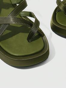 HighSole Spring And Summer New Multi-Belt Cross Back Buckle Design Open Platform Simple Versatile Wind Green Women's Sandals Daily Commuting Shopping Wear - Dark Green - View 6