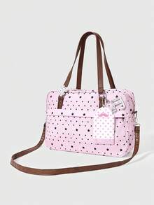 ROMWE Anime Cute Pink Star Polka Dot Pain Bag Shoulder Bag, Transparent Window Note Pendant Handbag, Lucky Four-Leaf Clover College Style Girl Large-Capacity Tote - Pink - View 1