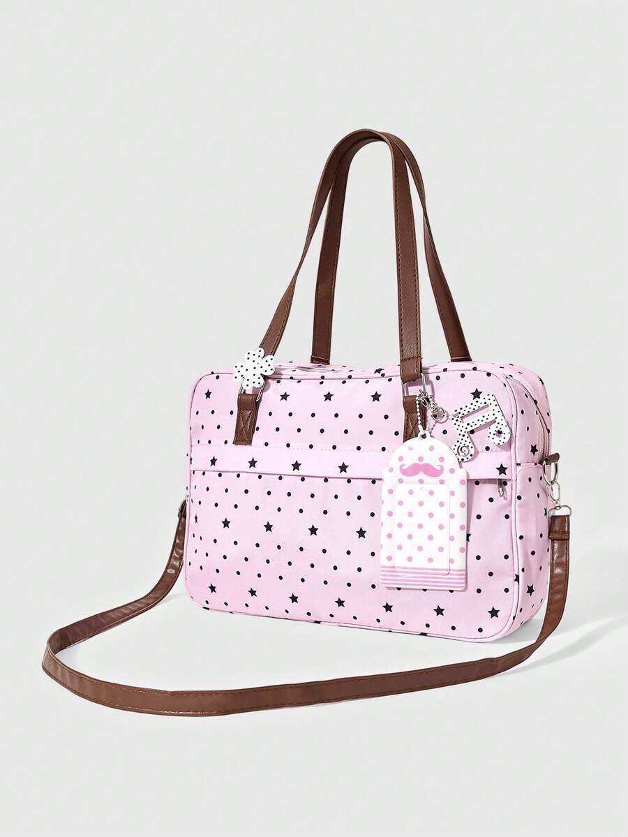 ROMWE Anime Cute Pink Star Polka Dot Pain Bag Shoulder Bag, Transparent Window Note Pendant Handbag, Lucky Four-Leaf Clover College Style Girl Large-Capacity Tote - Pink - View 1