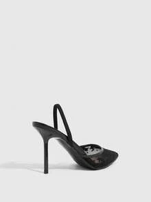 CUCCOO SZL Ladies Pointed Round Mouth Lace Surface. Cone Lacquered Heel. Elastic Rear Strap Empty Single Shoe. Four Seasons Festival Commuter Women's Shoes - Black - View 3