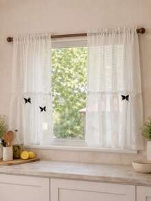 Cirelle 1pc French Country White Lace Cafe Curtains - Ruffled Tier Kitchen Short Curtain With Butterfly Accent, Sheer Floral Lace Half Window Valance For Bathroom, Bistro & Small Windows - Multicolor - View 3