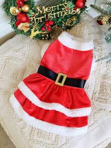 PETSIN Santa - Style Pet Christmas Dress With Plush Trim And Golden Buckle Belt - Red - View 2