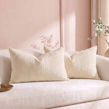 Cirelle 1pc/2pcs All-Season Vertical Textured Chenille Throw Pillow Covers, Solid Color Striped Square Cushion Cases, Neutral Minimalist Farmhouse Boho Decor For Sofa Bedroom Bay Window Homestay, Pillow Insert Not Included - White - View 15