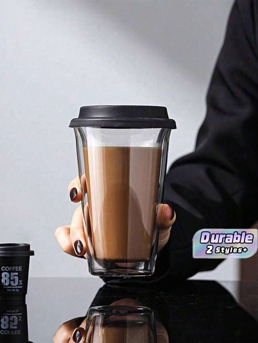 1pc 350ml Double-Layer Glass Coffee Cup With Silicone Lid, Reusable Thermal Insulation For Hot & Cold Drinks, Suitable For Morning Use - Multicolor - View 1