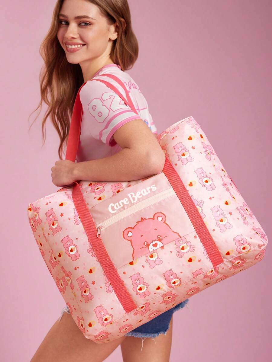 SHEIN X Care Bears 卡通熊可折疊旅行托特包,大容量聚酯纖維手提包,附行李箱套筒,可折疊設計,適合旅行、商務攜帶衣物與日常用品 - 藕粉色 - 查看 1