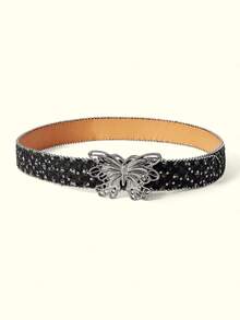 Popjeli Liquid Metal Butterfly Buckle Sequin Belt - Black - View 2