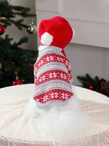 PETSIN Pet Christmas Outfit Knit Snowflake Dog Sweater With Pom‑Pom Santa Hat Warm Winter Clothes For Small Dogs Cats - Red - View 8