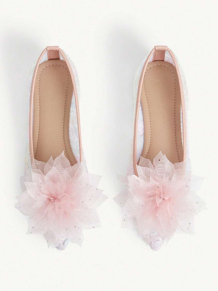 CUCCOO CHICEST Stylish And Sexy Closed Toe Pointed Women's Flat Shoes Rhinestone Flower Transparent Mesh Pink Flats - Pink - View 1
