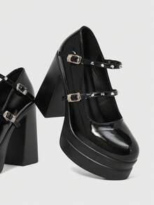 ROMWE Grunge Punk Women's Sexy Glossy Closed-Toe High-Heeled Shoes With Double-Layer Platform Soles; Gothic-Punk Style Featuring Metal Rivets And Double Buckle Straps. - Black - View 6