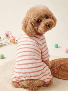 PETSIN 1pc Pet Cat Dog Universal Pink Stripe Classic Fashion Autumn And Winter Plush Warm And Comfortable Round Neck Dog Jumpsuit - Multicolor - View 3