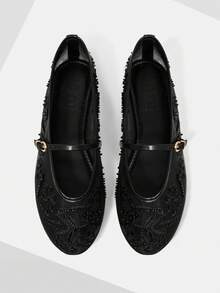 MOTF LADIES ELEGANT LACE EMBROIDERED FAUX PEARL DECORATIVE FLATS, COMFORTABLE AND BREATHABLE ADJUSTABLE BUCKLE STRAPS, DAILY VERSATILE SHOES - Black - View 1