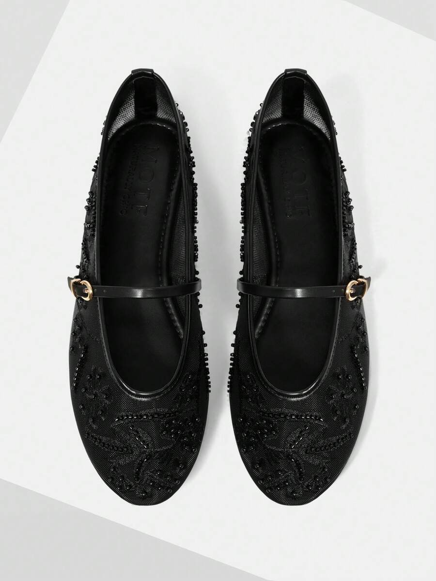 MOTF LADIES ELEGANT LACE EMBROIDERED FAUX PEARL DECORATIVE FLATS, COMFORTABLE AND BREATHABLE ADJUSTABLE BUCKLE STRAPS, DAILY VERSATILE SHOES - Black - View 1