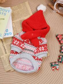 PETSIN Pet Christmas Outfit Knit Snowflake Dog Sweater With Pom‑Pom Santa Hat Warm Winter Clothes For Small Dogs Cats - Red - View 9