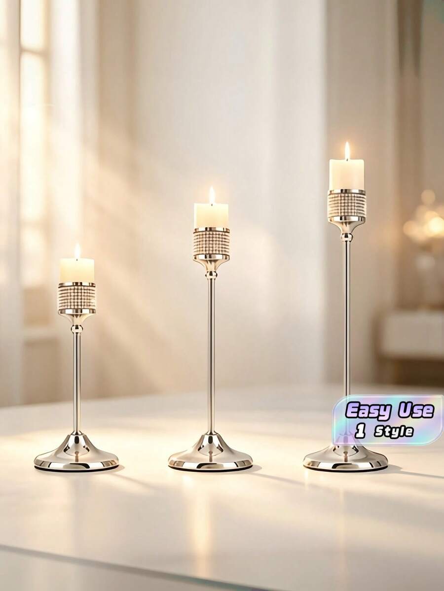 3 Buah Tempat Lilin Mewah Berwarna Perak dengan Kaki Tinggi dan Dekorasi Berlian Imitasi, Tempat Lilin, Makan Malam Romantis, Perjamuan Pernikahan, Dekorasi Meja - warna-warni - View 1