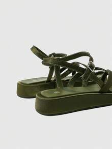 HighSole Spring And Summer New Multi-Belt Cross Back Buckle Design Open Platform Simple Versatile Wind Green Women's Sandals Daily Commuting Shopping Wear - Dark Green - View 7
