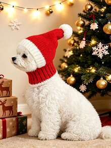 PETSIN 1pc Pet Holiday Style Christmas Wool Hat, Wool Ball Decoration Cat And Dog Universal Holiday Warm Hat, Suitable For Christmas Parties, Holiday Photography, And Holiday Dressing Up - Multicolor - View 6