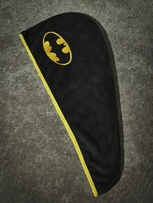 BATMAN X POKOJA LAND 1pc Logo Embroidered Pattern Coral Fleece Dry Hair Cap, Soft And Plush, Washable Water-Washed Material, Suitable For Both Men And Women, Cute Cartoon Style, Ideal For After-Shower Use, Home Hair Care, Travel, Spa, Also A Fun Gift For Fans - Black - View 6