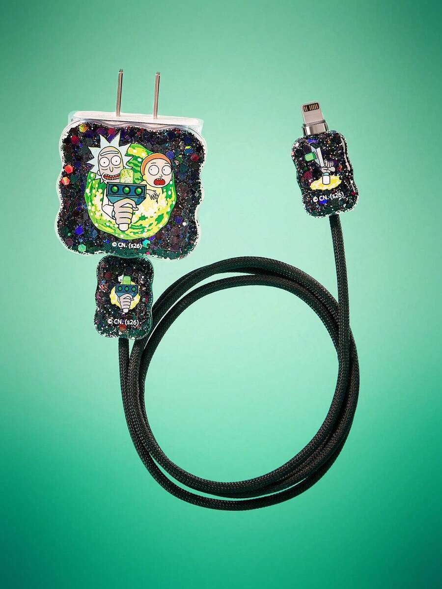 Rick and Morty X SHEIN 3Pcs Mobile Phone Data Cable Protective Case Is Suitable For IPhone Charging Cable Data Cable Protective Case (Excluding Data Cable) - Black - View 1