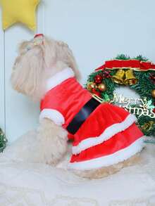 PETSIN Santa - Style Pet Christmas Dress With Plush Trim And Golden Buckle Belt - Red - View 7
