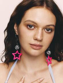 Popjeli 1 Pair Women's Y2K Dopamine Star Dangle Earrings, Bright Pink Hollow Star Zebra Stripe Square Hoop Ear Drops, Cool Earrings, Suitable For Daily Wear And Party - Multicolor - View 5