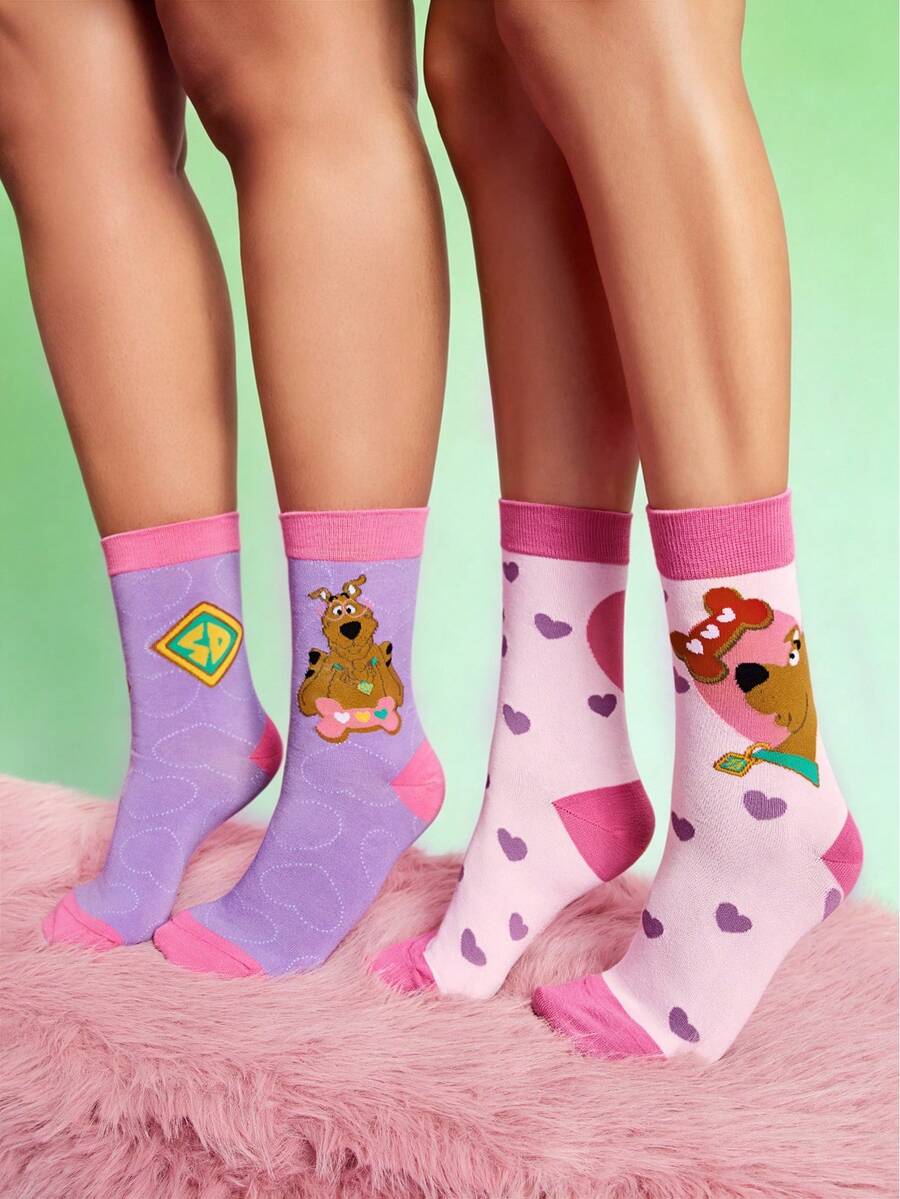 SCOOBY-DOO X SHEIN 2 Pairs Romantic Women's Heart Pattern Crew Socks,Valentine's Day - Multicolor - View 1