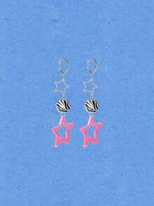 Popjeli 1 Pair Women's Y2K Dopamine Star Dangle Earrings, Bright Pink Hollow Star Zebra Stripe Square Hoop Ear Drops, Cool Earrings, Suitable For Daily Wear And Party - Multicolor - View 4