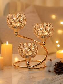 1 PC Gold/Silver Crystal Candle Holder - 3 Arm Elegant Centerpiece With Metal Base | Shining Tea Light Votive For Wedding, Anniversary, Table Decor - multicolor - View 8