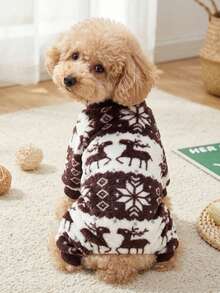 PETSIN 1pc Pet Cat Dog Brown Fleece Warm Deer Print Flannel Jumpsuit - Multicolor - View 3
