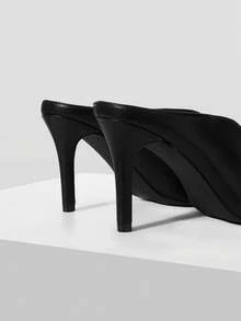 Mnmlis Black Lychee Pattern High-Heeled Mules Women's V-Cut Peep Toe Thin-Heeled, Commuting Dating Elegant Sandals Fall Shoes - Black - View 5