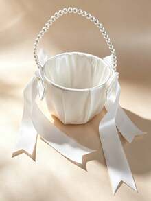 2Pcs Wedding Flower Girl Baskets, Satin Flower Basket With Cute Pearl Handle & Bowknot, Wedding Ceremony Decor Supplies, Ivory Color - Pearl Bow Flower Basket - View 11