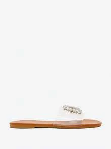 Eladyva Square Buckle Rhinestone Transparent Round Toe Flat Sandals, Brown Outdoor Beach Casual Women's Slippers - Brown - View 3