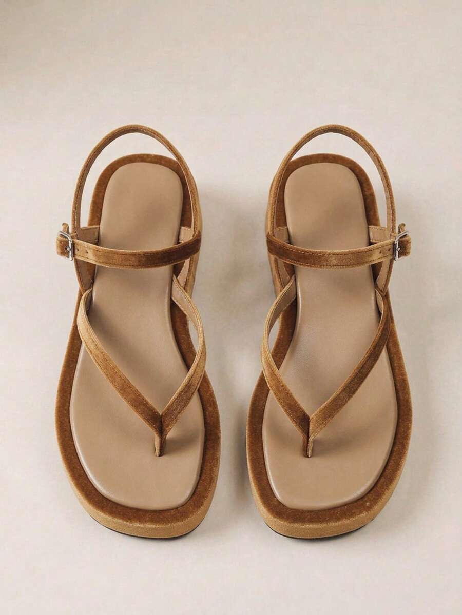 HighSole 簡約露趾休閒風厚底涼鞋,適合旅行與度假日常穿著 - 韓國絨卡其色 - 查看 1