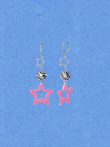 Popjeli 1 Pair Women's Y2K Dopamine Star Dangle Earrings, Bright Pink Hollow Star Zebra Stripe Square Hoop Ear Drops, Cool Earrings, Suitable For Daily Wear And Party - Multicolor - View 6