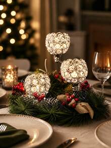 1 PC Gold/Silver Crystal Candle Holder - 3 Arm Elegant Centerpiece With Metal Base | Shining Tea Light Votive For Wedding, Anniversary, Table Decor - multicolor - View 9