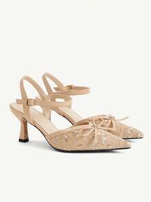 CUCCOO CHICEST Women's Embroidery Floral Slingback Heels, Bow Decor Pointed Toe Mesh Stiletto Sandals, Elegant Backless High Heels For Daily Wedding Party - Apricot - View 3