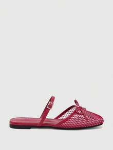 CUCCOO BIZCHIC New Women's Popular Summer Fashion Elegant Splicing Breathable Mesh Bow Decoration, Slip-On Square Top Flat Bottom With Adjustable Buckle Fall Shoes - Red - View 2
