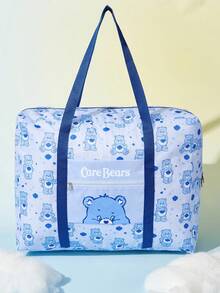 SHEIN X Care Bears 卡通熊可折疊旅行托特包，大容量聚酯纖維手提包，附行李箱套筒，可折疊設計，適合旅行、商務攜帶衣物與日常用品 - 天藍白 - 查看 4